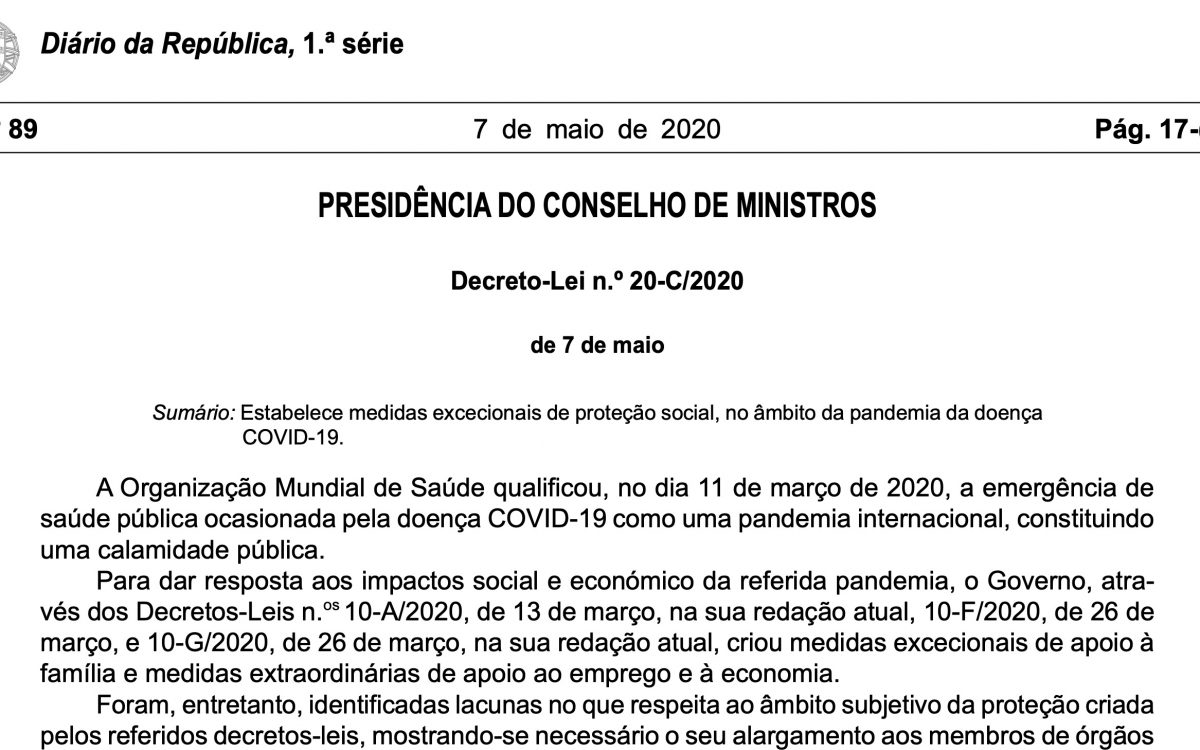 Pandemia Covid-19: Decreto-Lei 20-C/2020