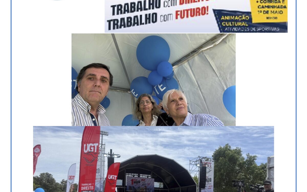 Banner for 1º de Maio 2026 Labour Day event with UGT logo and union emblem, and a crowd gathering under blue balloons.