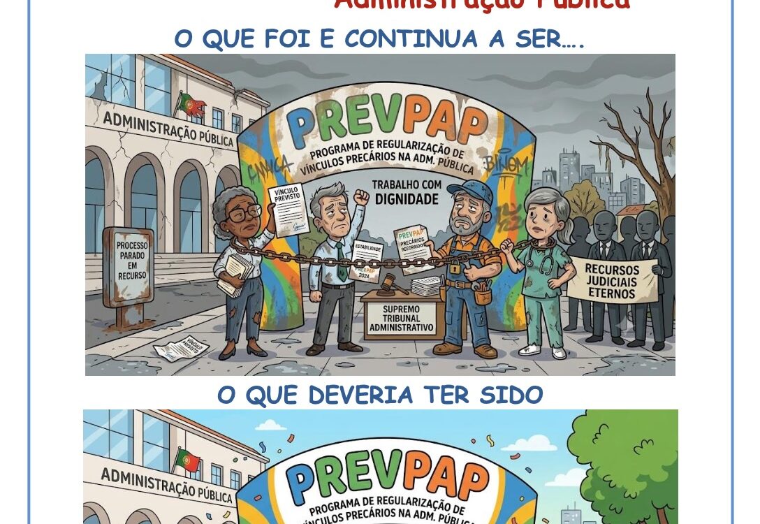 Poster about PREVPAP program for regularizing precarious public administration jobs; cartoon scene with people near a government building and a large banner.